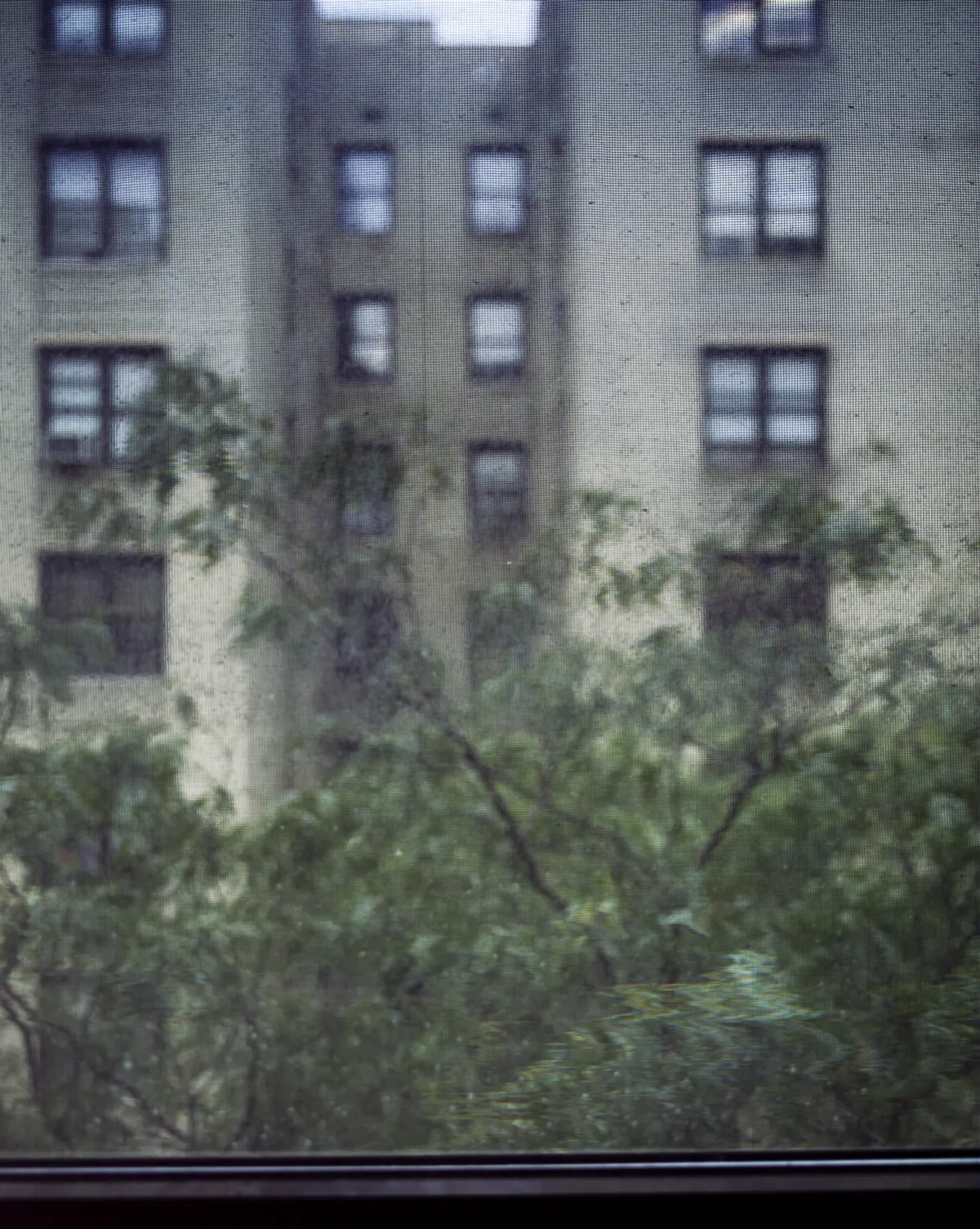 Long-exposure scanning-back photograph of an apartment building facade seen through a grime-covered window, image 2 of 8 in the Grid Dirt Glass series.